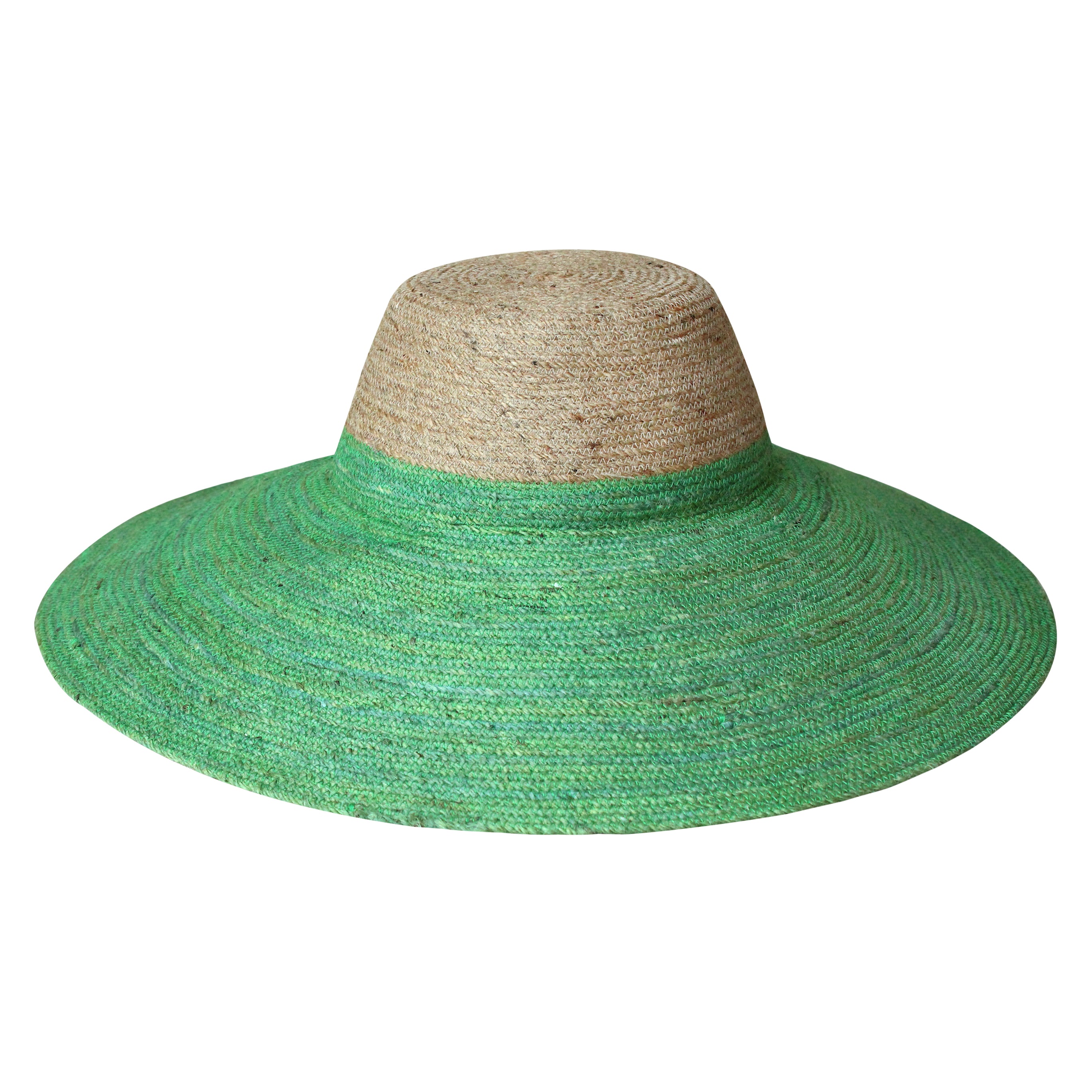 RIRI Duo Jute Handwoven Straw Hat in natural and kelly green colors, showcasing its sculpted crown and wide brim.